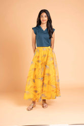 Fusion style organza foil print lehenga and crop top