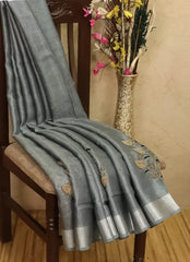 Premium Handloom Linen Saree with Subtle Floral Embroidery | Charcoal Grey