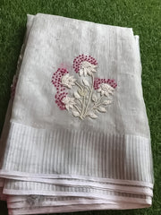 Premium Handloom Linen Saree with Floral Embroidery | Light Gray