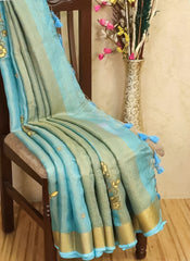Premium Dual-Tone Linen Tissue Saree with Floral Embroidery | Aqua Blue