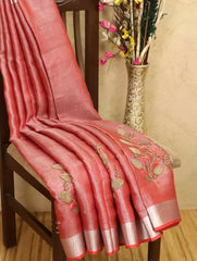 Premium Linen Tissue Saree with Floral Embroidery | Salmon Pink