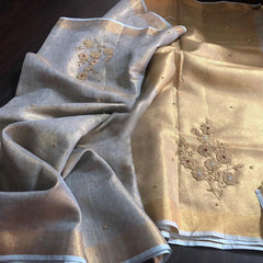 Premium Linen Tissue Saree with Floral Embroidery | Golden Beige