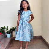 Blue shimmery leaf print dress