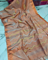 Premium Linen Tissue Saree with Floral Motif & Zig-Zag Border | Copper Peach