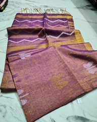 Premium Linen Tissue Saree with Dragonfly Motif & Zig-Zag Border | Purple Gold
