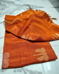 Premium Linen Tissue Saree with Dragonfly Motif & Zig-Zag Border | Rust Orange