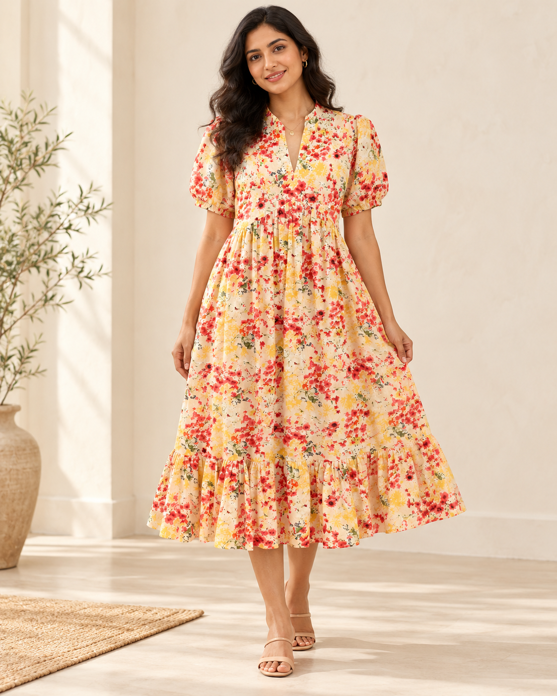 Adult Indian woman modeling the calf-length cream floral cotton dress, front view