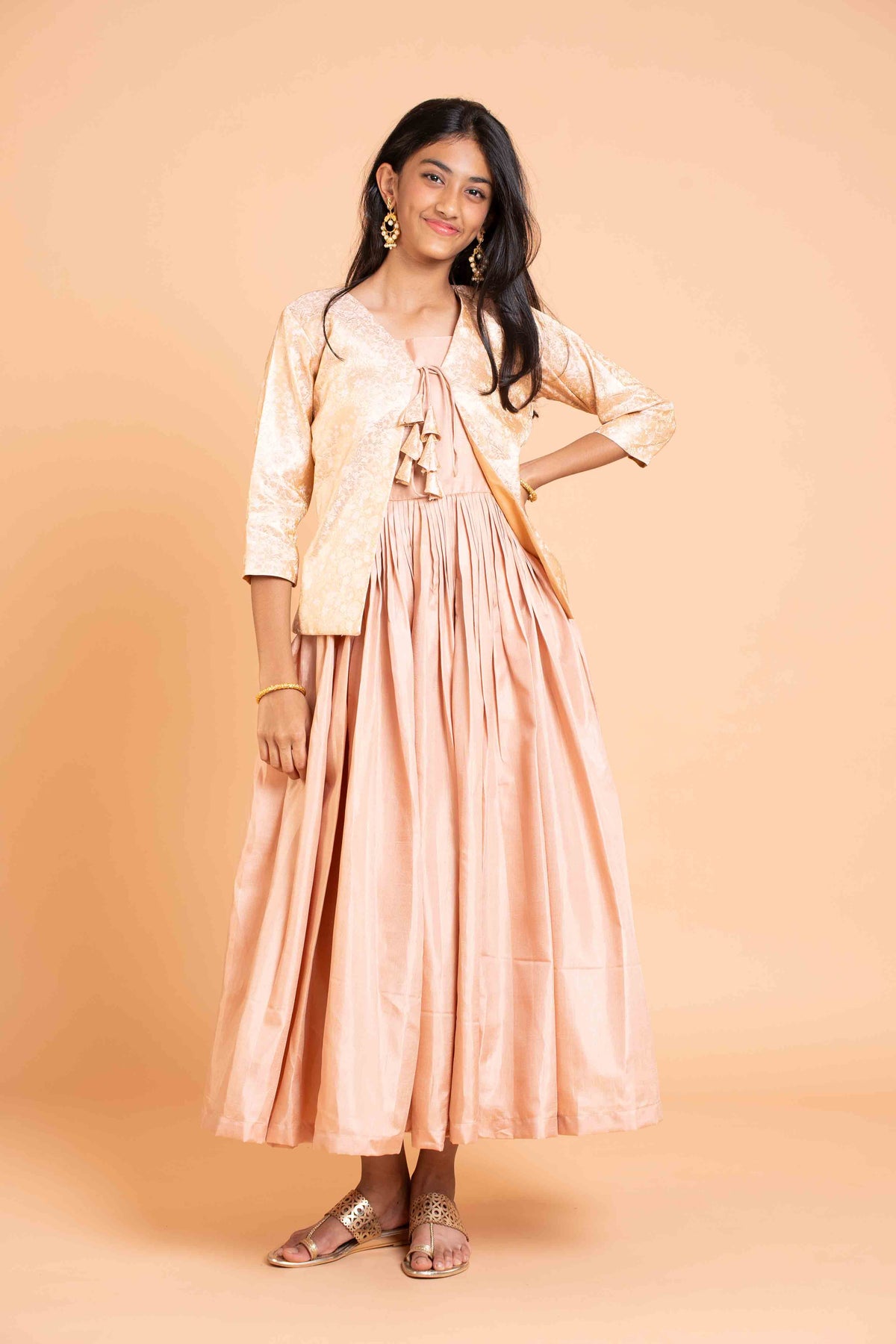 Full flare long frock with banaras over coat