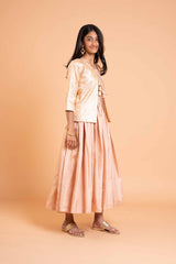 Full flare long frock with banaras over coat