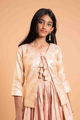 Full flare long frock with banaras over coat