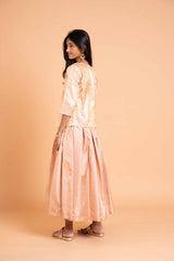 Full flare long frock with banaras over coat