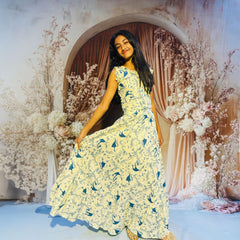 Trendy Frills Collar Blue Print Cotton Lehenga And Crop Top