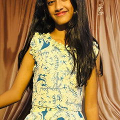 Trendy Frills Collar Blue Print Cotton Lehenga And Crop Top