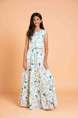 Trendy Frills Collar Blue Print Cotton Lehenga And Crop Top