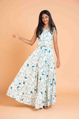 Trendy Frills Collar Blue Print Cotton Lehenga And Crop Top