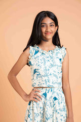 Trendy Frills Collar Blue Print Cotton Lehenga And Crop Top