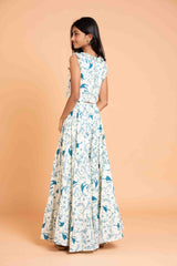 Trendy Frills Collar Blue Print Cotton Lehenga And Crop Top