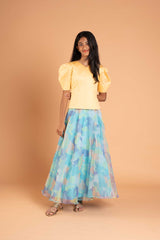 Fusion Style Organza Foil Print Lehenga and Crop Top