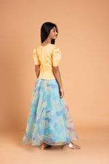 Fusion Style Organza Foil Print Lehenga and Crop Top