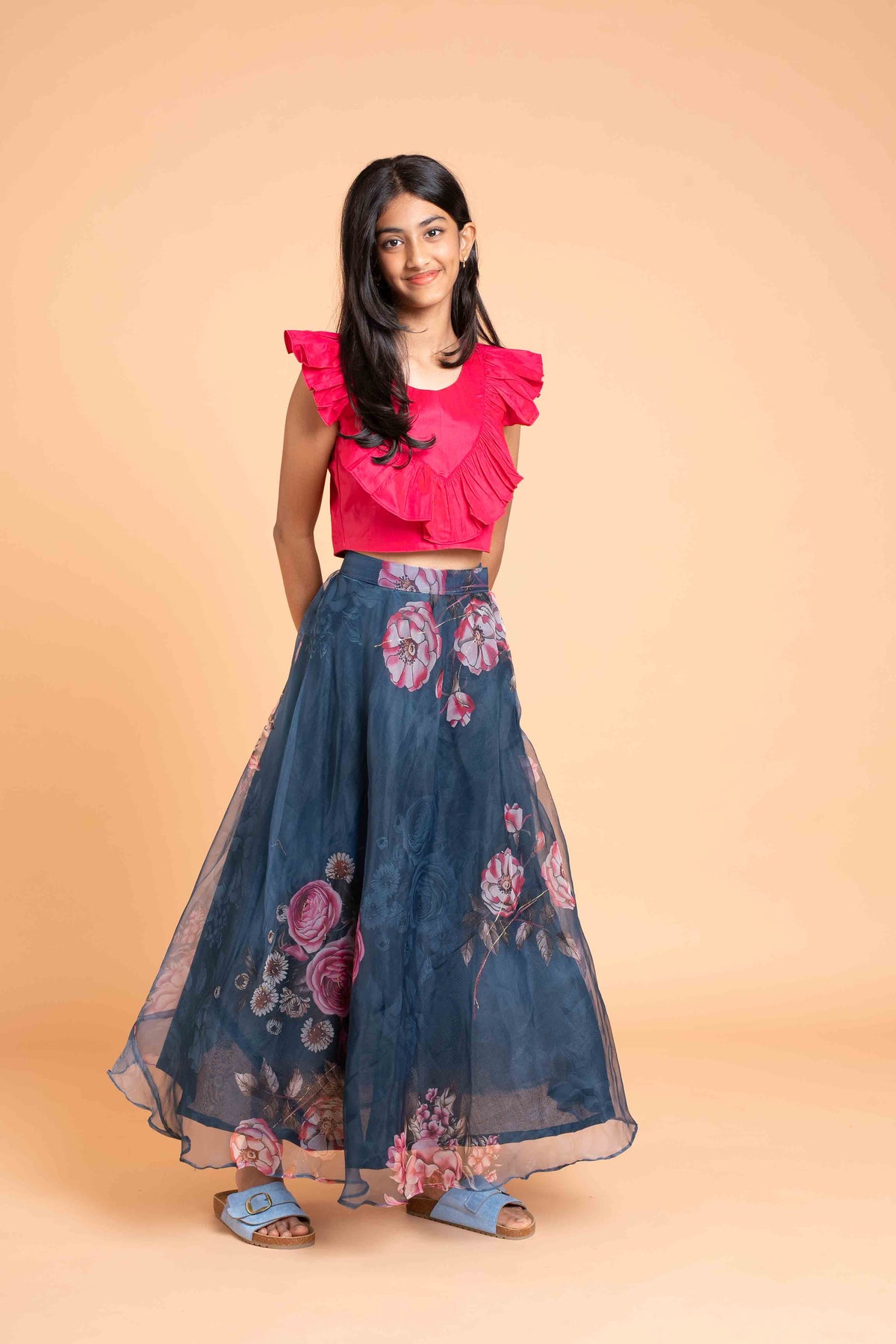 Fusion Style Organza Foil Print Lehenga and Crop Top