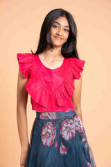 Fusion Style Organza Foil Print Lehenga and Crop Top