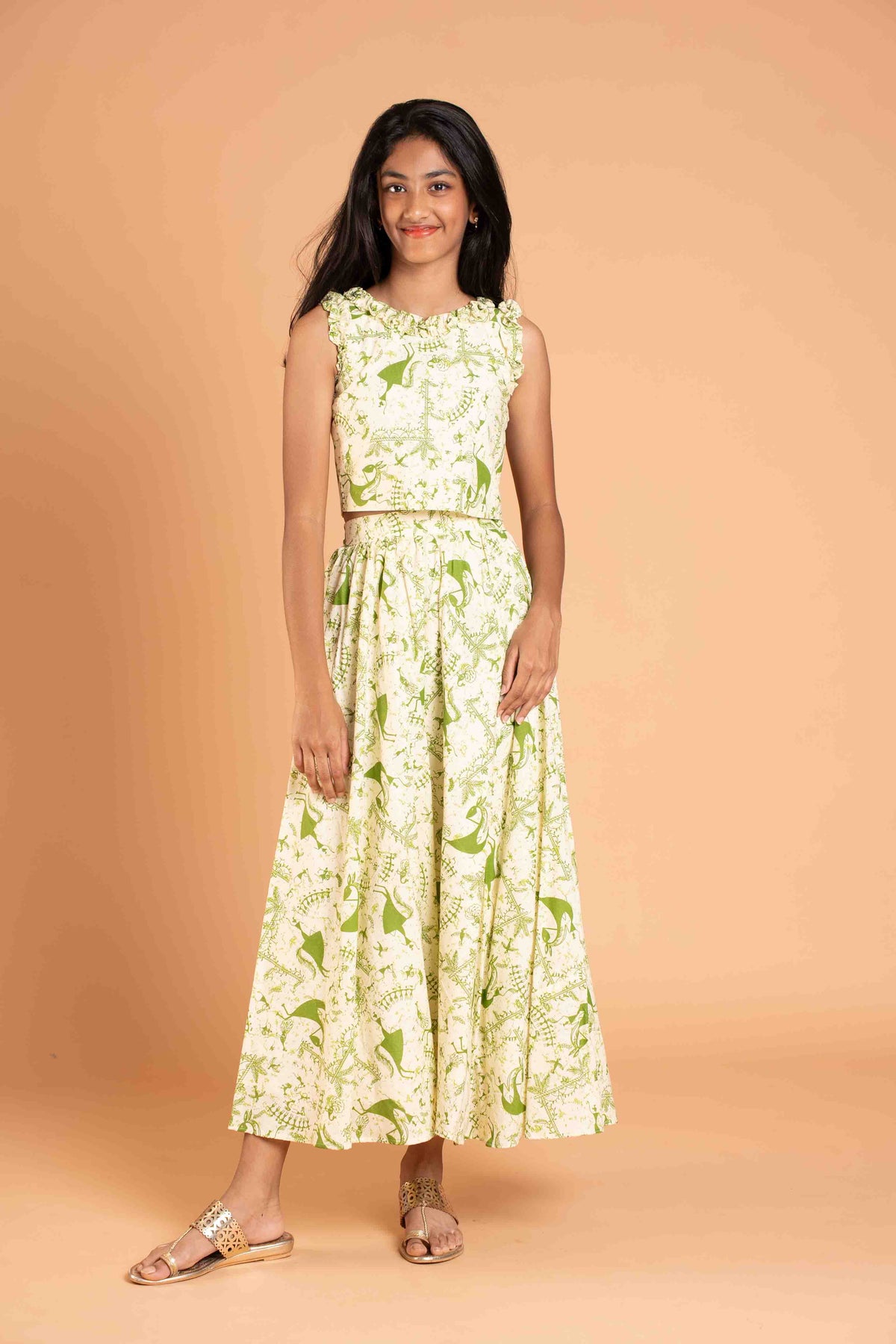 Trendy Frills Collar Green Print Cotton Lehenga And crop Top