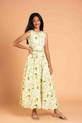 Trendy Frills Collar Green Print Cotton Lehenga And crop Top