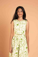 Trendy Frills Collar Green Print Cotton Lehenga And crop Top