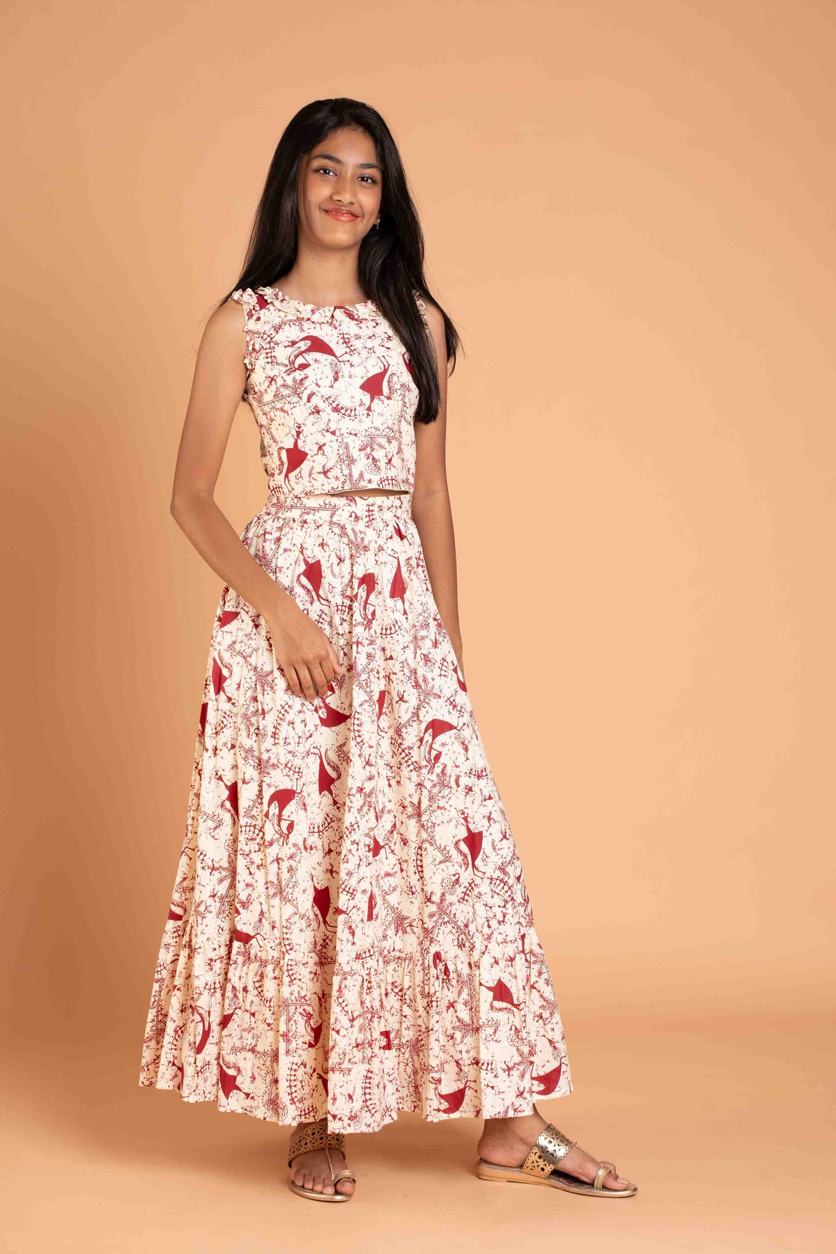 Trendy Frills Collar Maroon Print Cotton Lehenga And Crop Top