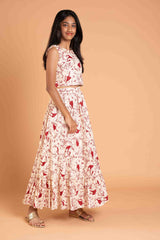 Trendy Frills Collar Maroon Print Cotton Lehenga And Crop Top