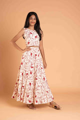 Trendy Frills Collar Maroon Print Cotton Lehenga And Crop Top