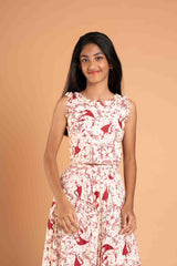 Trendy Frills Collar Maroon Print Cotton Lehenga And Crop Top