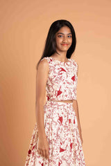 Trendy Frills Collar Maroon Print Cotton Lehenga And Crop Top