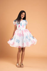 Blue And Pink Flowers White Organza Frock