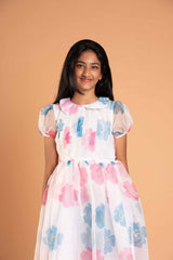 Blue And Pink Flowers White Organza Frock