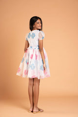 Blue And Pink Flowers White Organza Frock