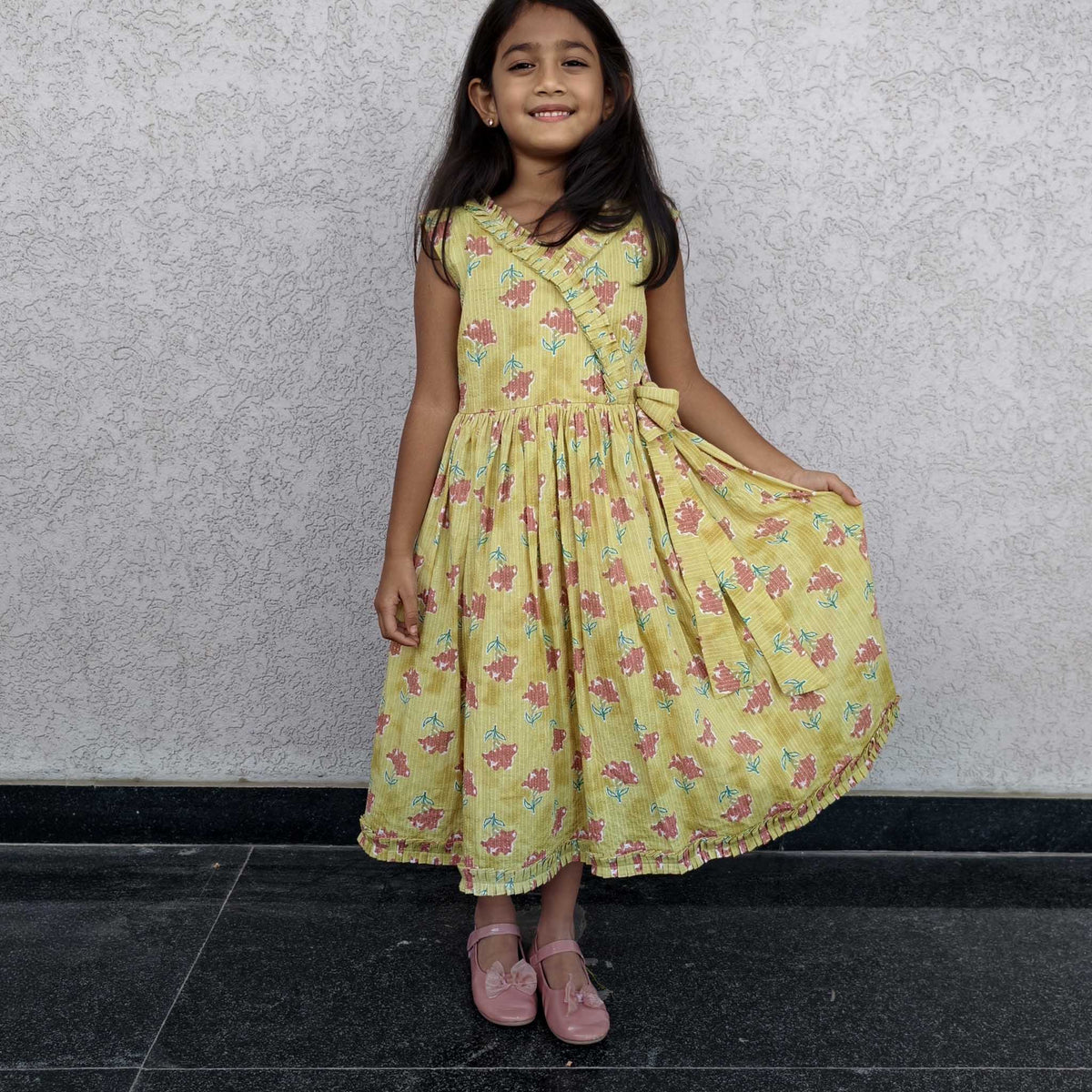 Frills And Bow Pattern Mustard Frock