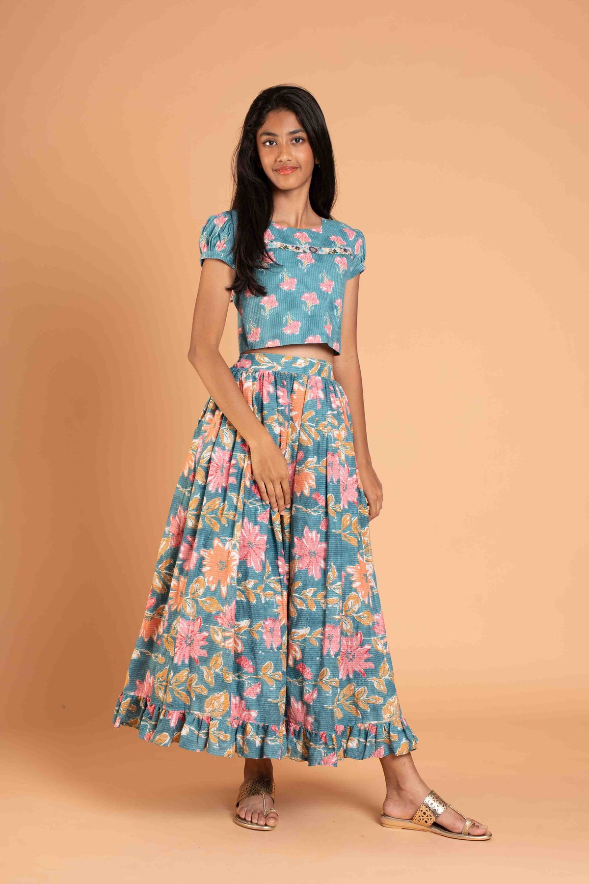 Pretty Blue Cotton Lehenga And Crop Top