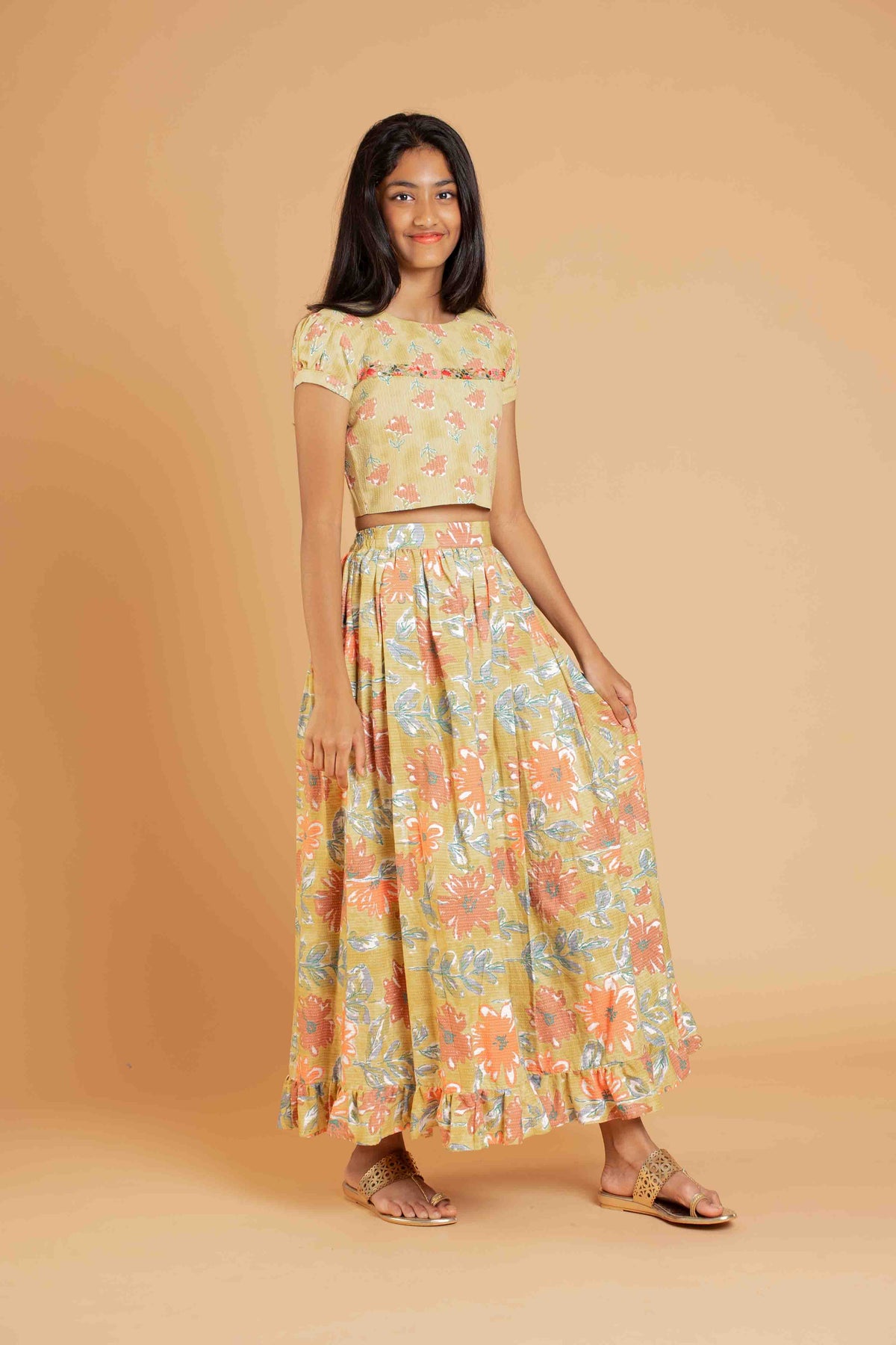 Pretty Green Cotton Lehenga And Crop Top