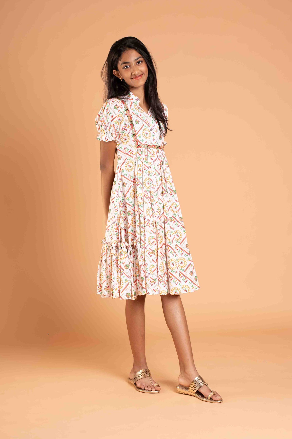 White Printed Straight Cut Side Frills Frock
