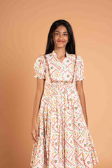 White Printed Straight Cut Side Frills Frock