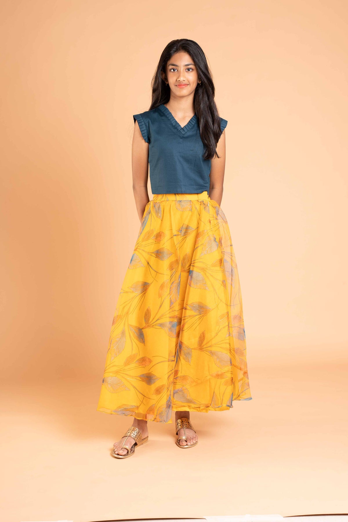 Fusion style organza foil print lehenga and crop top