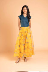 Fusion style organza foil print lehenga and crop top