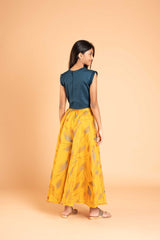 Fusion style organza foil print lehenga and crop top