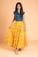 Fusion style organza foil print lehenga and crop top