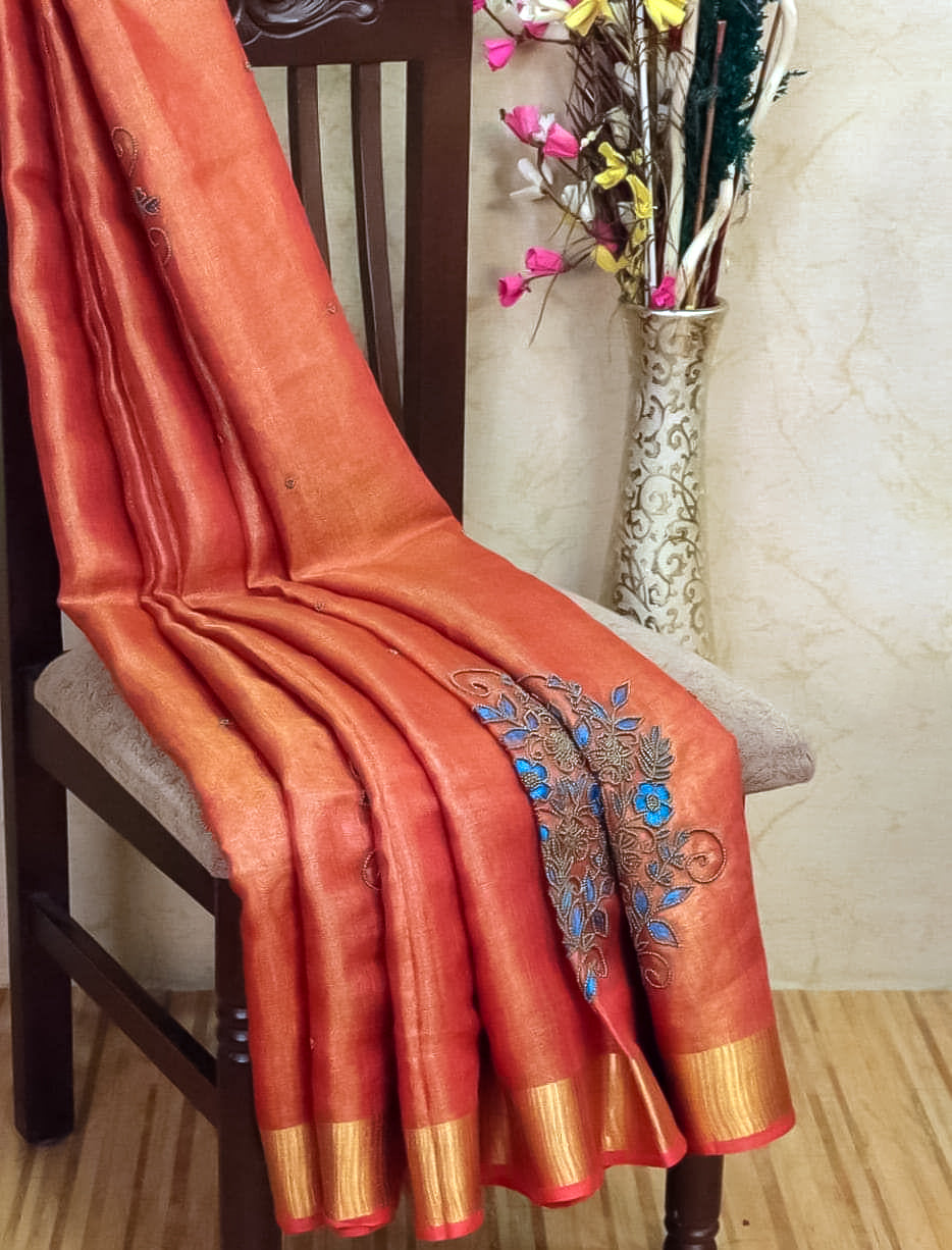 Premium Linen Tissue Saree with Intricate Floral Embroidery | Rust Orange