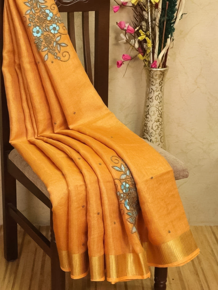 Premium Linen Tissue Saree with Intricate Floral Embroidery | Mustard Yellow