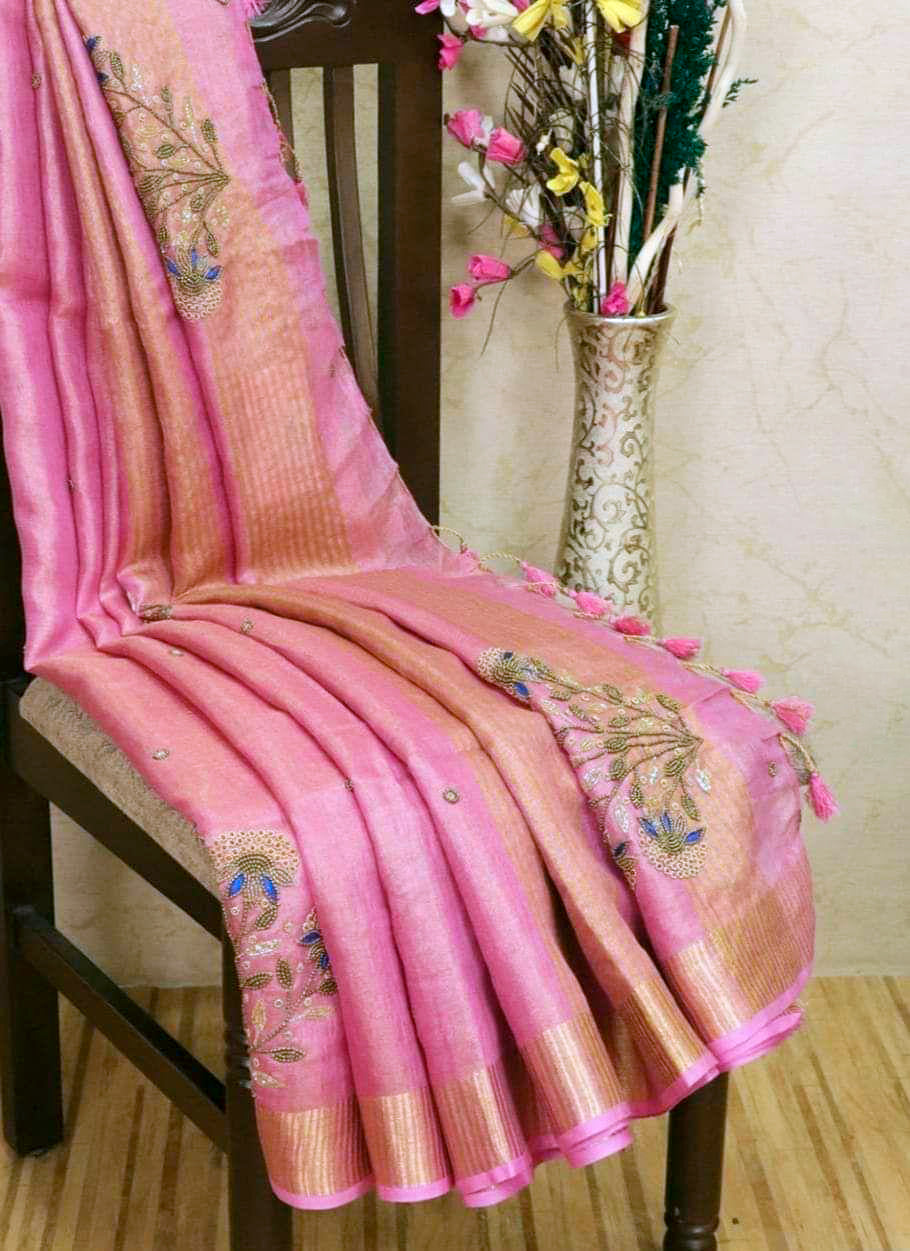 Premium Linen Tissue Saree with Intricate Floral Embroidery | Fuchsia Pink