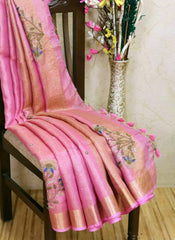 Premium Linen Tissue Saree with Intricate Floral Embroidery | Fuchsia Pink