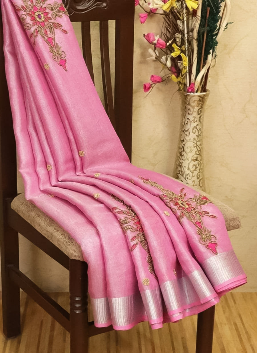 Premium Linen Tissue Saree with Intricate Floral Embroidery | Light Pink